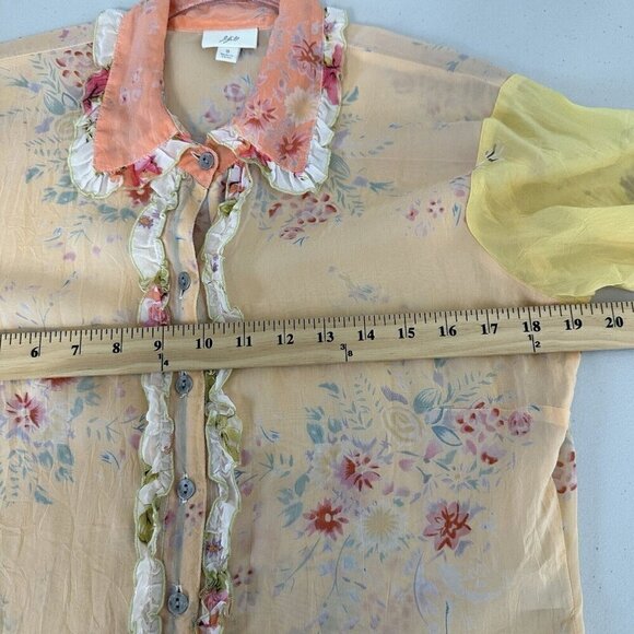 J Jill Ruffle Sheer Blouse Button Front Size S Floral Yellow Orange Cottagecore - Picture 2 of 14